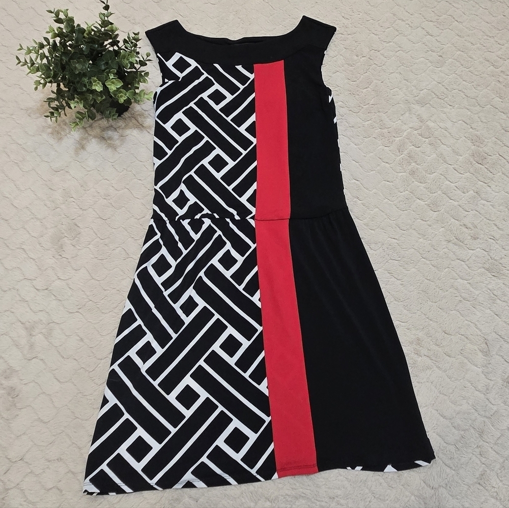 White House Black Market Black and White Colorblock Red Stripe Dress, Size XXS